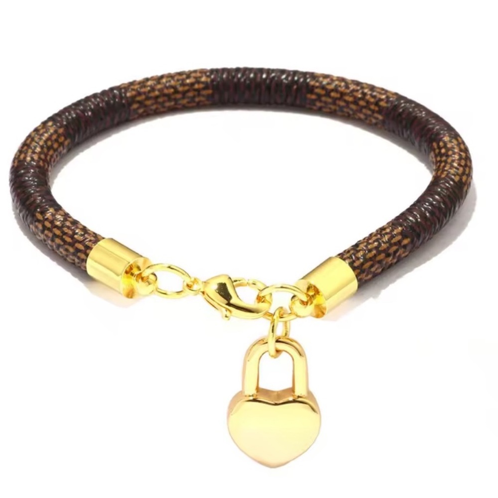 Anthropologie Gold Heart Charm Bracelet with Brown Band